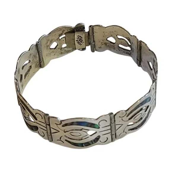 Vintage Abalone Sterling Silver 925 Panel Bracelet Iguala Mexico Signed - Picture 5 of 13